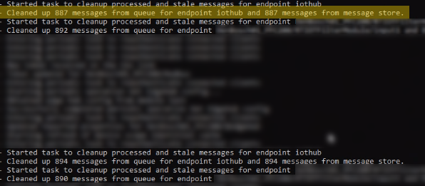 picture with logfile lines like Cleaned up messages from queue for endpoint iothub and messages from message store